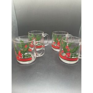 Vintage Libbey Christmas Holiday Glasses Set Of 4 Mugs Green Holly  Red Between‎